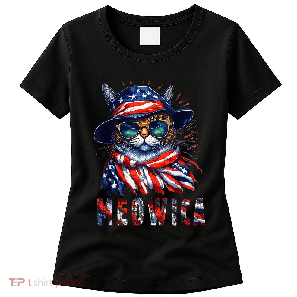 MEOWICA Cat 4th July Sunglasses Merica Cat American Flag Womens T-Shirt