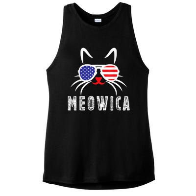 MEOWICA Cat 4th July Sunglasses Merica Cat American Flag Ladies PosiCharge Tri-Blend Wicking Tank