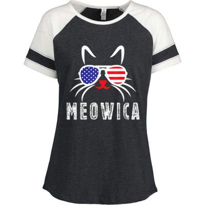 MEOWICA Cat 4th July Sunglasses Merica Cat American Flag Enza Ladies Jersey Colorblock Tee