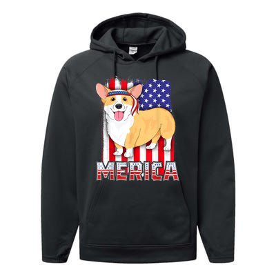 Merica Corgi 4th Of July Family Women Dog American Flag Performance Fleece Hoodie