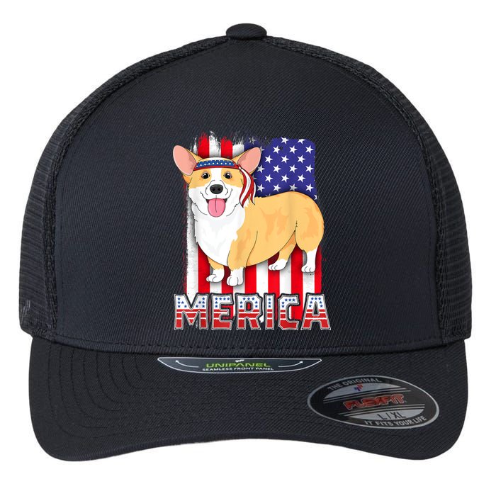 Merica Corgi 4th Of July Family Women Dog American Flag Flexfit Unipanel Trucker Cap