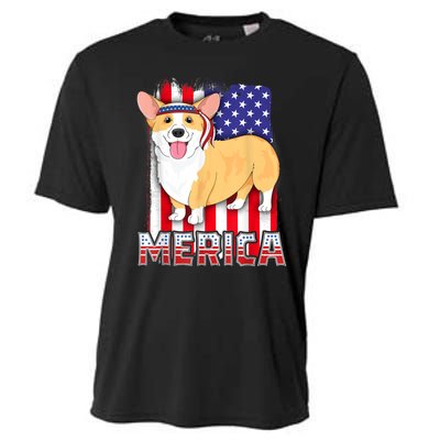 Merica Corgi 4th Of July Family Women Dog American Flag Cooling Performance Crew T-Shirt