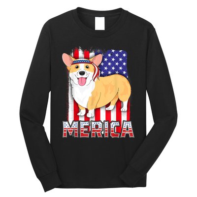 Merica Corgi 4th Of July Family Women Dog American Flag Long Sleeve Shirt