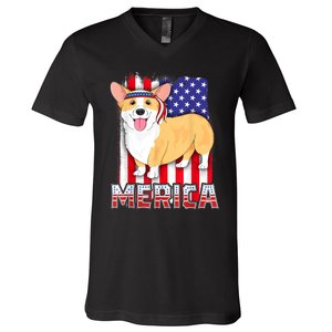 Merica Corgi 4th Of July Family Women Dog American Flag V-Neck T-Shirt