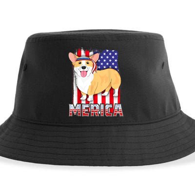 Merica Corgi 4th Of July Family Women Dog American Flag Sustainable Bucket Hat