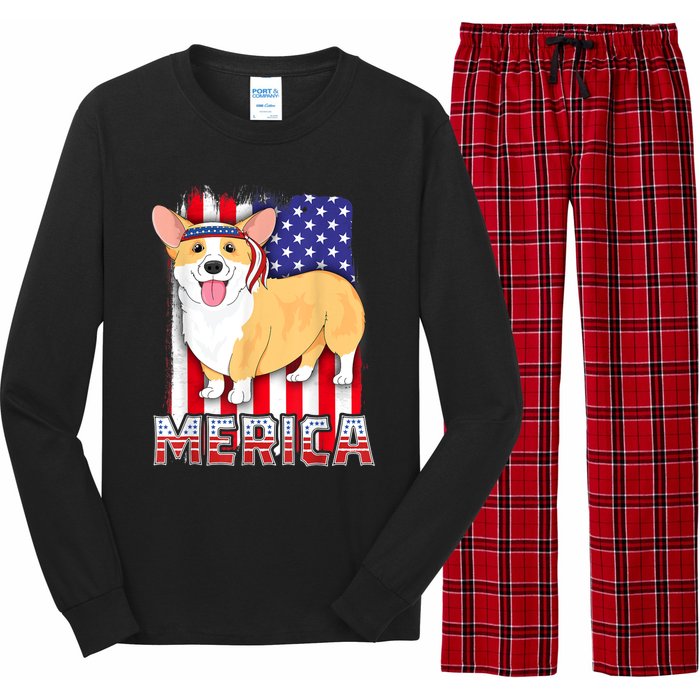 Merica Corgi 4th Of July Family Women Dog American Flag Long Sleeve Pajama Set