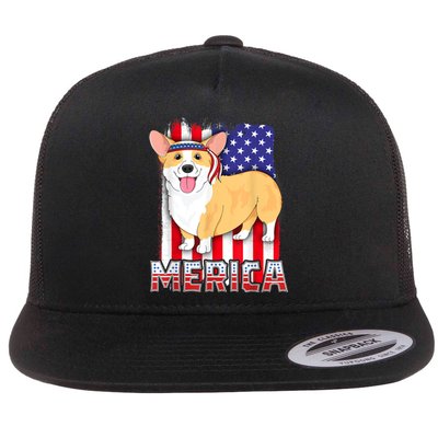 Merica Corgi 4th Of July Family Women Dog American Flag Flat Bill Trucker Hat