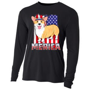 Merica Corgi 4th Of July Family Women Dog American Flag Cooling Performance Long Sleeve Crew