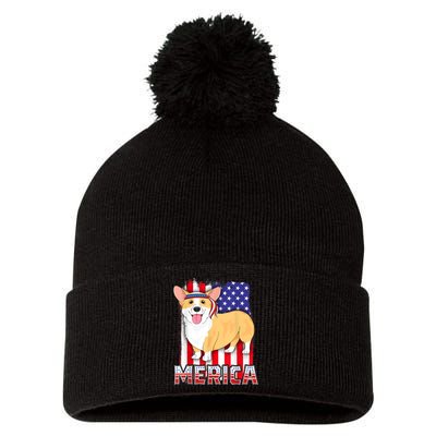 Merica Corgi 4th Of July Family Women Dog American Flag Pom Pom 12in Knit Beanie