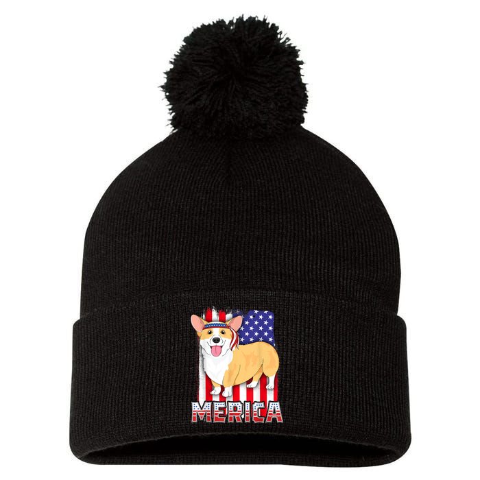 Merica Corgi 4th Of July Family Women Dog American Flag Pom Pom 12in Knit Beanie