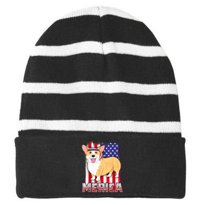 Merica Corgi 4th Of July Family Women Dog American Flag Striped Beanie with Solid Band