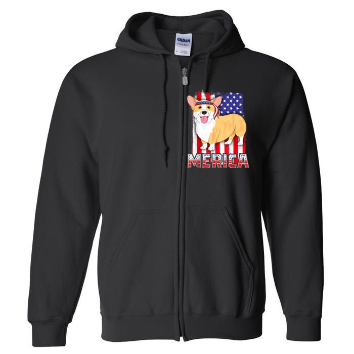 Merica Corgi 4th Of July Family Women Dog American Flag Full Zip Hoodie