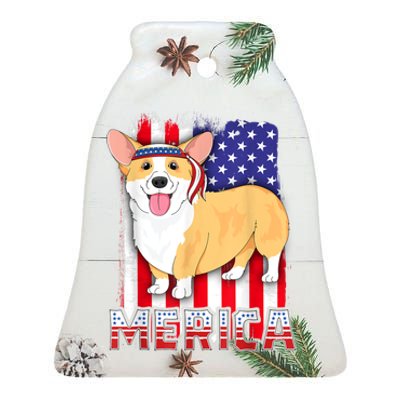 Merica Corgi 4th Of July Family Women Dog American Flag Ceramic Bell Ornament