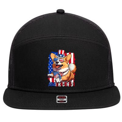 Merica Corgi 4th Of July Family Women Dog American Flag 7 Panel Mesh Trucker Snapback Hat