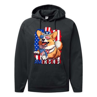 Merica Corgi 4th Of July Family Women Dog American Flag Performance Fleece Hoodie