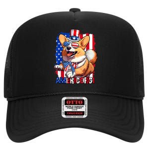 Merica Corgi 4th Of July Family Women Dog American Flag High Crown Mesh Back Trucker Hat