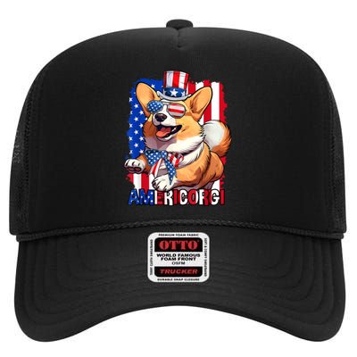 Merica Corgi 4th Of July Family Women Dog American Flag High Crown Mesh Back Trucker Hat