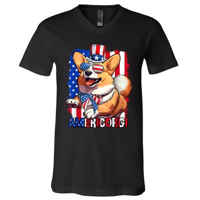 Merica Corgi 4th Of July Family Women Dog American Flag V-Neck T-Shirt