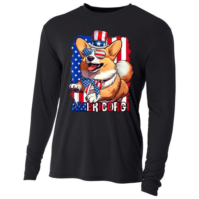 Merica Corgi 4th Of July Family Women Dog American Flag Cooling Performance Long Sleeve Crew