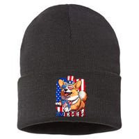 Merica Corgi 4th Of July Family Women Dog American Flag Sustainable Knit Beanie