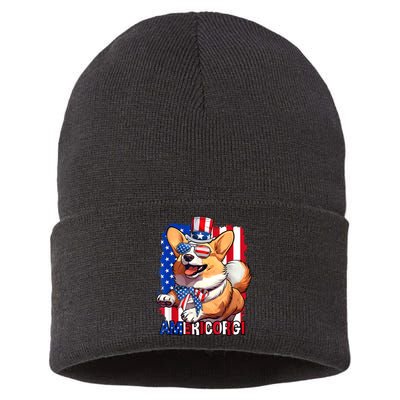 Merica Corgi 4th Of July Family Women Dog American Flag Sustainable Knit Beanie