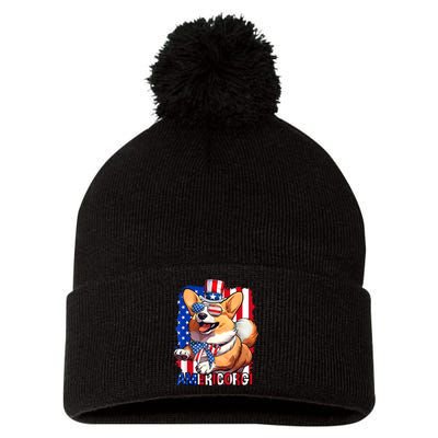 Merica Corgi 4th Of July Family Women Dog American Flag Pom Pom 12in Knit Beanie