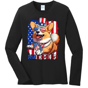 Merica Corgi 4th Of July Family Women Dog American Flag Ladies Long Sleeve Shirt