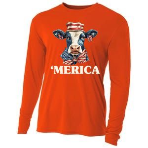 Merica Cow 4th Of July American Flag Cooling Performance Long Sleeve Crew