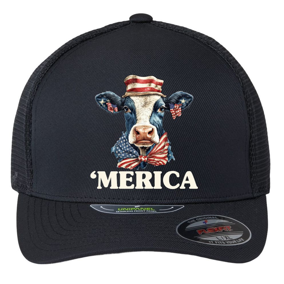 Merica Cow 4th Of July American Flag Flexfit Unipanel Trucker Cap