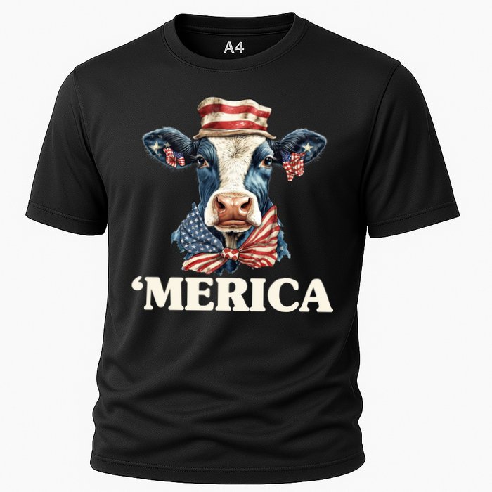 Merica Cow 4th Of July American Flag Cooling Performance Crew T-Shirt