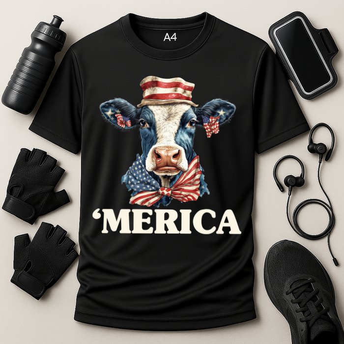Merica Cow 4th Of July American Flag Cooling Performance Crew T-Shirt