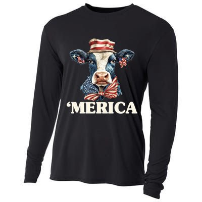Merica Cow 4th Of July American Flag Cooling Performance Long Sleeve Crew