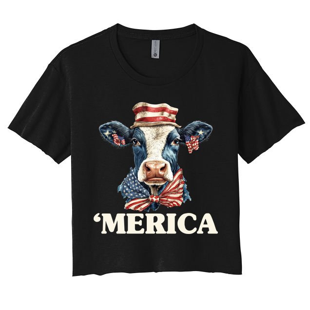 Merica Cow 4th Of July American Flag Crop Top
