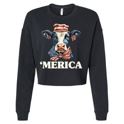 Merica Cow 4th Of July American Flag Cropped Pullover Crew