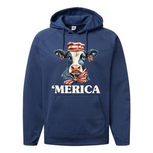 Merica Cow 4th Of July American Flag Performance Fleece Hoodie