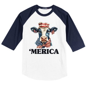 Merica Cow 4th Of July American Flag Baseball Sleeve Shirt