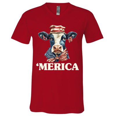 Merica Cow 4th Of July American Flag V-Neck T-Shirt