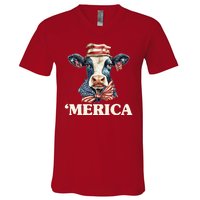 Merica Cow 4th Of July American Flag V-Neck T-Shirt