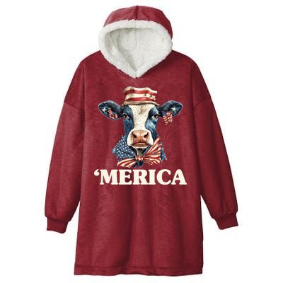 Merica Cow 4th Of July American Flag Hooded Wearable Blanket