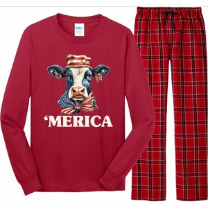 Merica Cow 4th Of July American Flag Long Sleeve Pajama Set