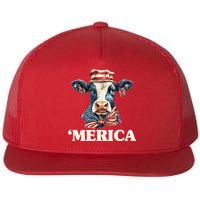Merica Cow 4th Of July American Flag Flat Bill Trucker Hat