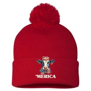 Merica Cow 4th Of July American Flag Pom Pom 12in Knit Beanie