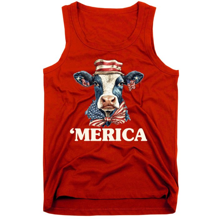 Merica Cow 4th Of July American Flag Tank Top