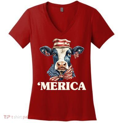 Merica Cow 4th Of July American Flag Women's V-Neck T-Shirt