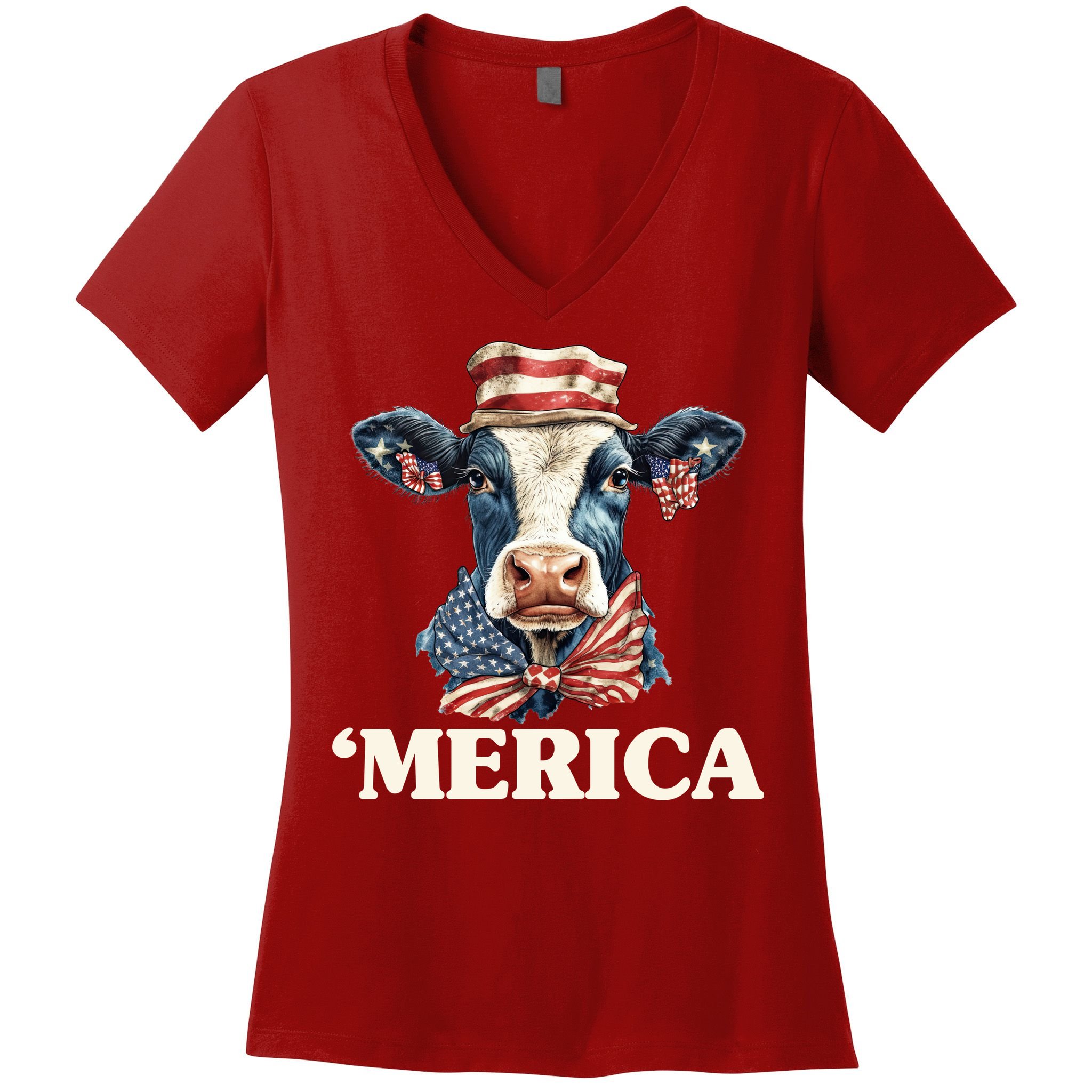 Merica Cow 4th Of July American Flag Women's V-Neck T-Shirt