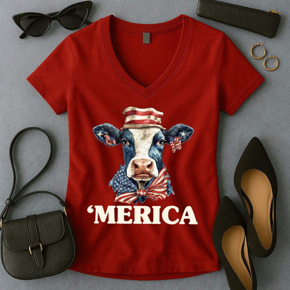 Merica Cow 4th Of July American Flag Women's V-Neck T-Shirt