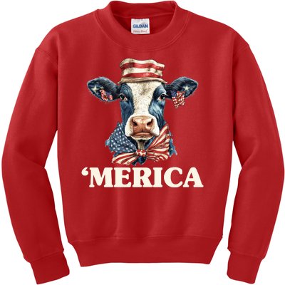 Merica Cow 4th Of July American Flag Kids Sweatshirt