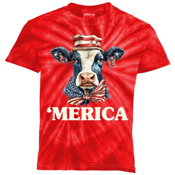 Merica Cow 4th Of July American Flag Kids Tie-Dye T-Shirt