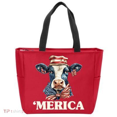 Merica Cow 4th Of July American Flag Zip Tote Bag