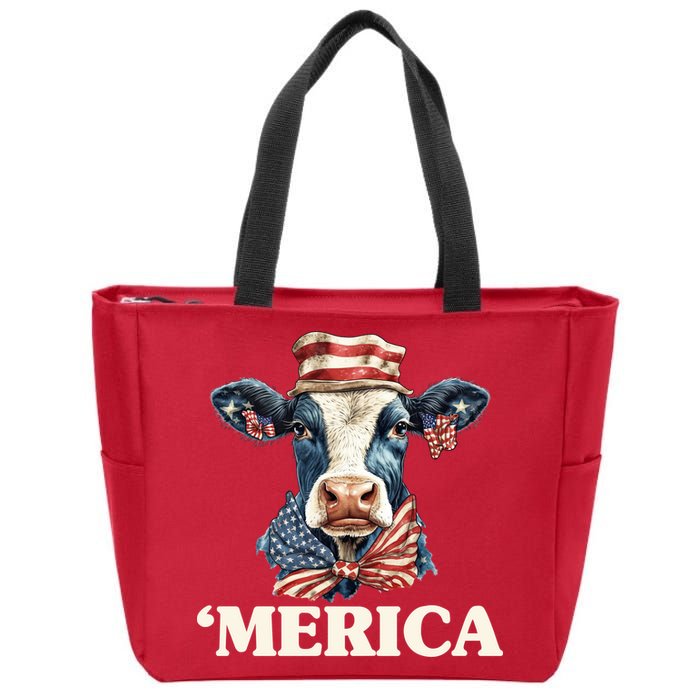 Merica Cow 4th Of July American Flag Zip Tote Bag